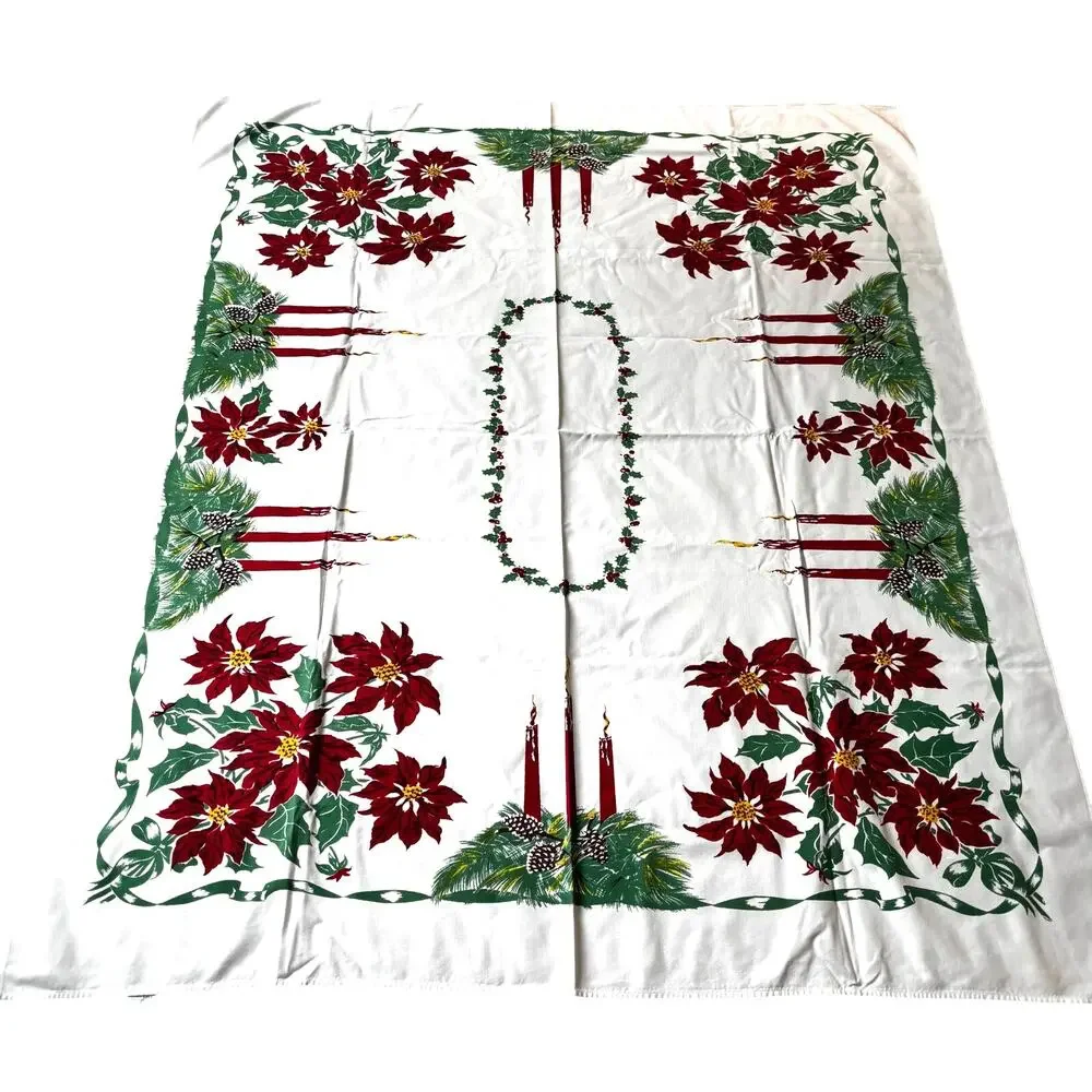 Vintage Christmas tablecloth printed cotton rectangle festive 1960's holiday